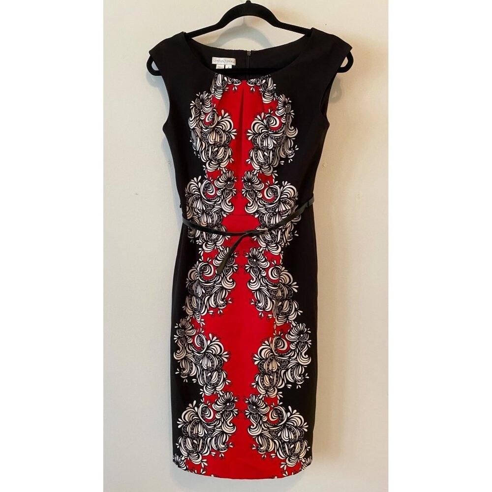 London Times Dress Black & Red Sleeveless Sheath w/ Belt Size 4